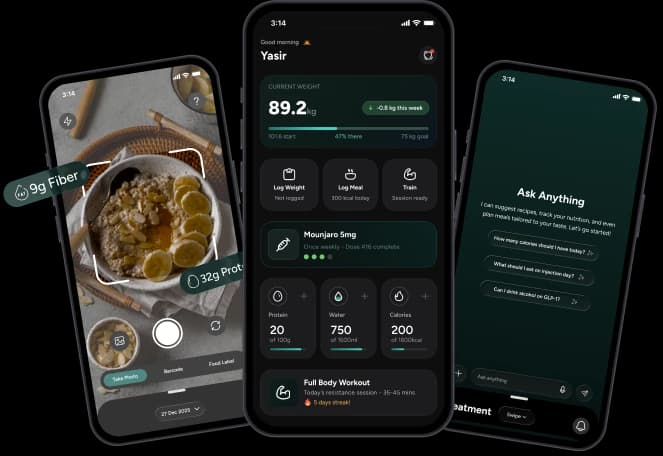 Curely mobile app displaying nutrition tracker, workout stats, and virtual chat assistant